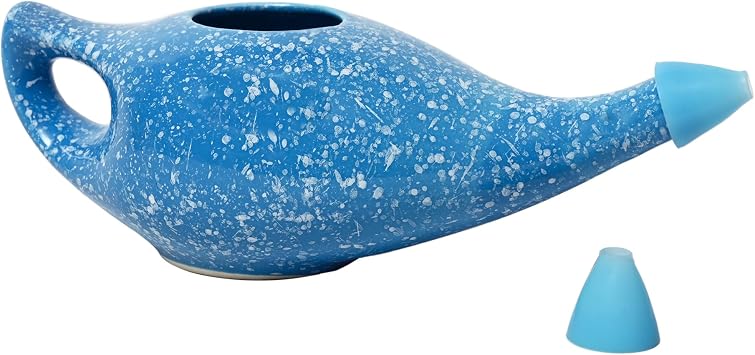 HealthGoodsIn Ceramic Neti Pot, Premium Handcrafted Durable, Dishwasher Safe with 2 Silicone Nozzle Tip, 225 Ml. (7.6 FL Oz) Capacity (Blue)