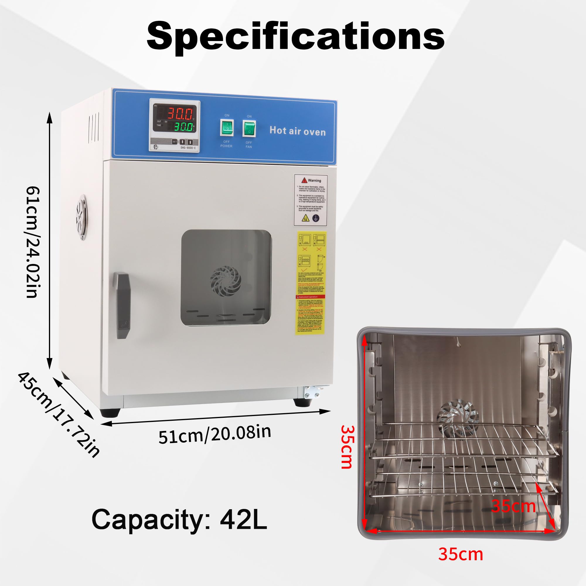 43L Labor Trockenschrank – Starker Umluft-Heizofen mit digitaler Temperaturregelung 50–300 °C, 800W – für 3D-Druck Filament Trocknung, Annealing, Materialerwärmung & Labortests