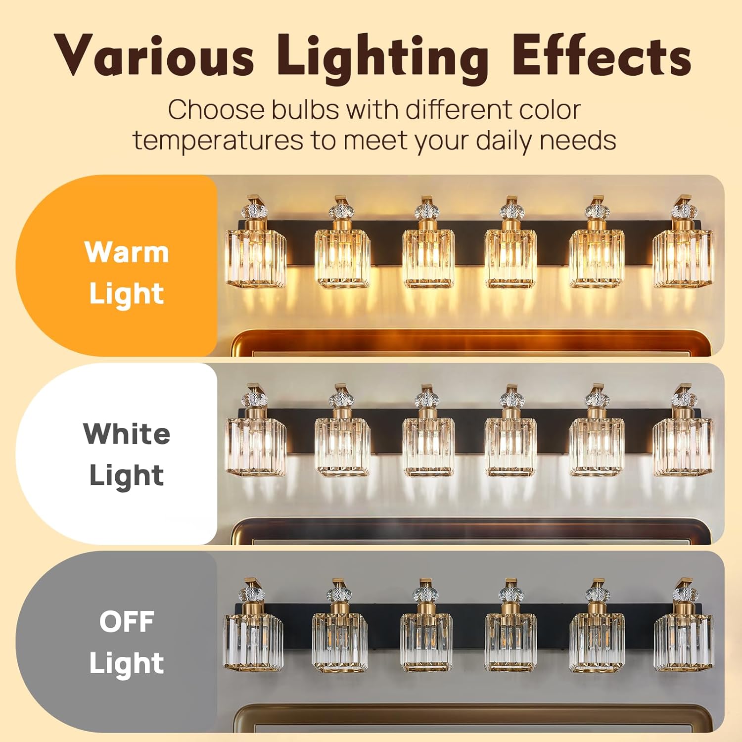 Modern Bathroom Vanity Light, 6-Light Black Gold Bathroom Lighting Fixtures Over Mirror, 44.1" Crystal Wall Light Sconce for Bathroom/Bedroom/Vanity, Includes LED Bulbs, Easy Installation