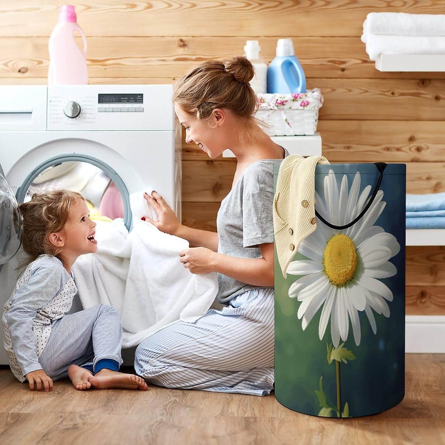 Daisy Flower Laundry Hamper with Handles Waterproof Collapsible Laundry Basket Large Lightweight Round Dirty Clothes Hamper for Home Dorm Bathroom Decor