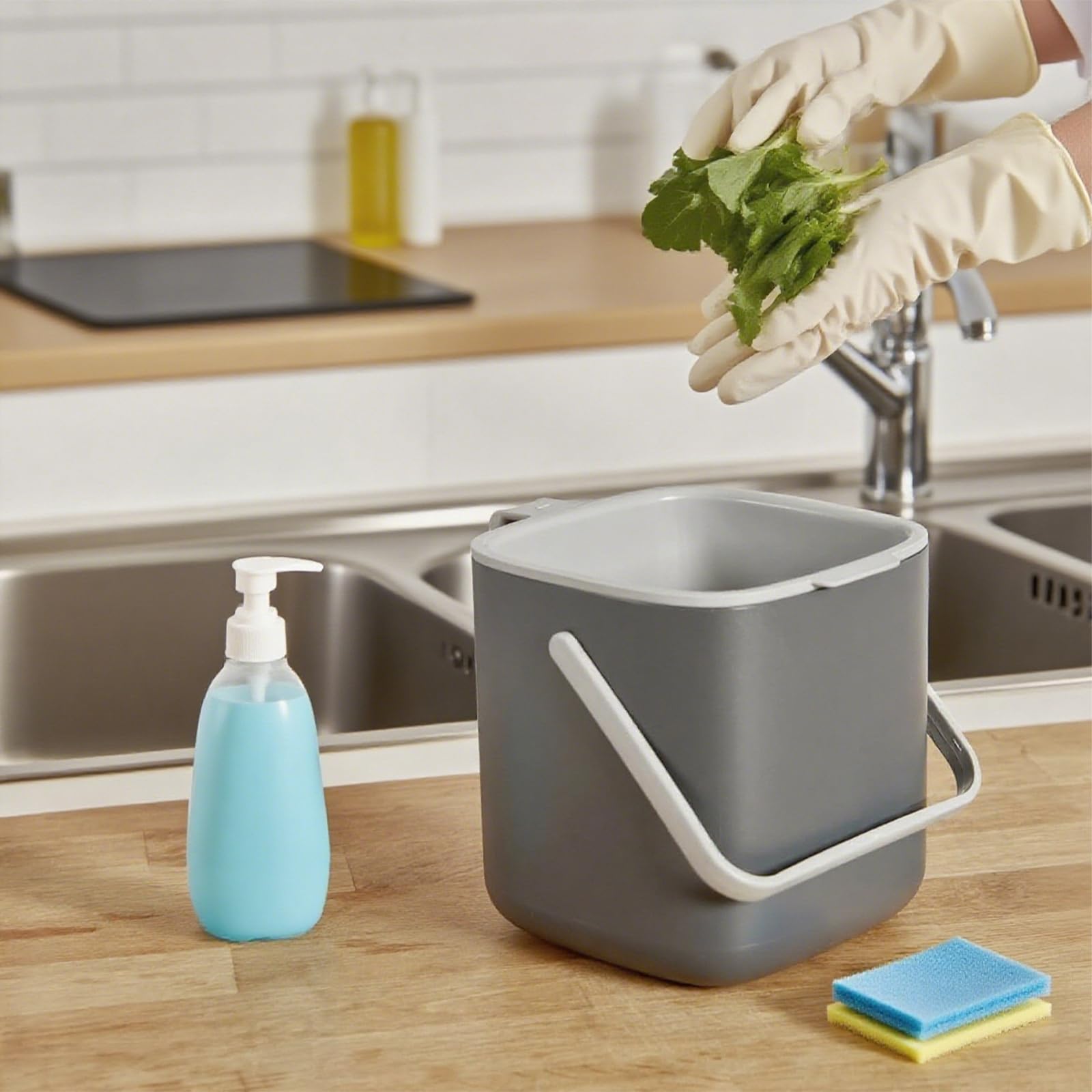 Compostiera da Cucina 4L con Filtro Carbone Attivo - Secchio Compost Biologico Antiodore & Lavabile Lavastoviglie - Pattumiera per Rifiuti Organici con Maniglia (Grigio)