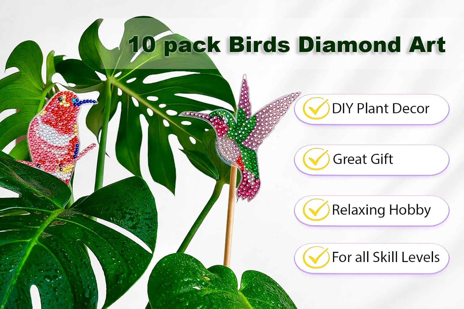 BEAUTYMEHNDI STORE 10 Pack Diamond Art Bird Plant Stakes – DIY Hummingbird Mini Diamond Painting Kit for Adults, Garden Decor for Potted Plants, Gift for Plant Lovers