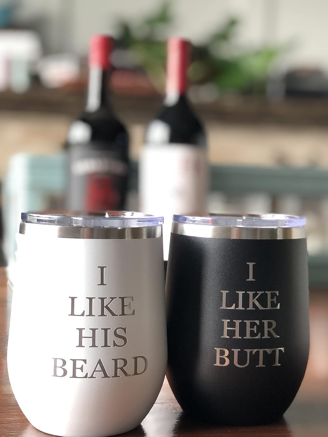 I Like His Beard, I Like Her Butt Wine Tumbler Set Wedding Engagement Gifts for Husband, Wife, Bride, Groom, His and Her Anniversary, 12 Oz Stainless Steel Wine Tumbler with Lid, Black and White