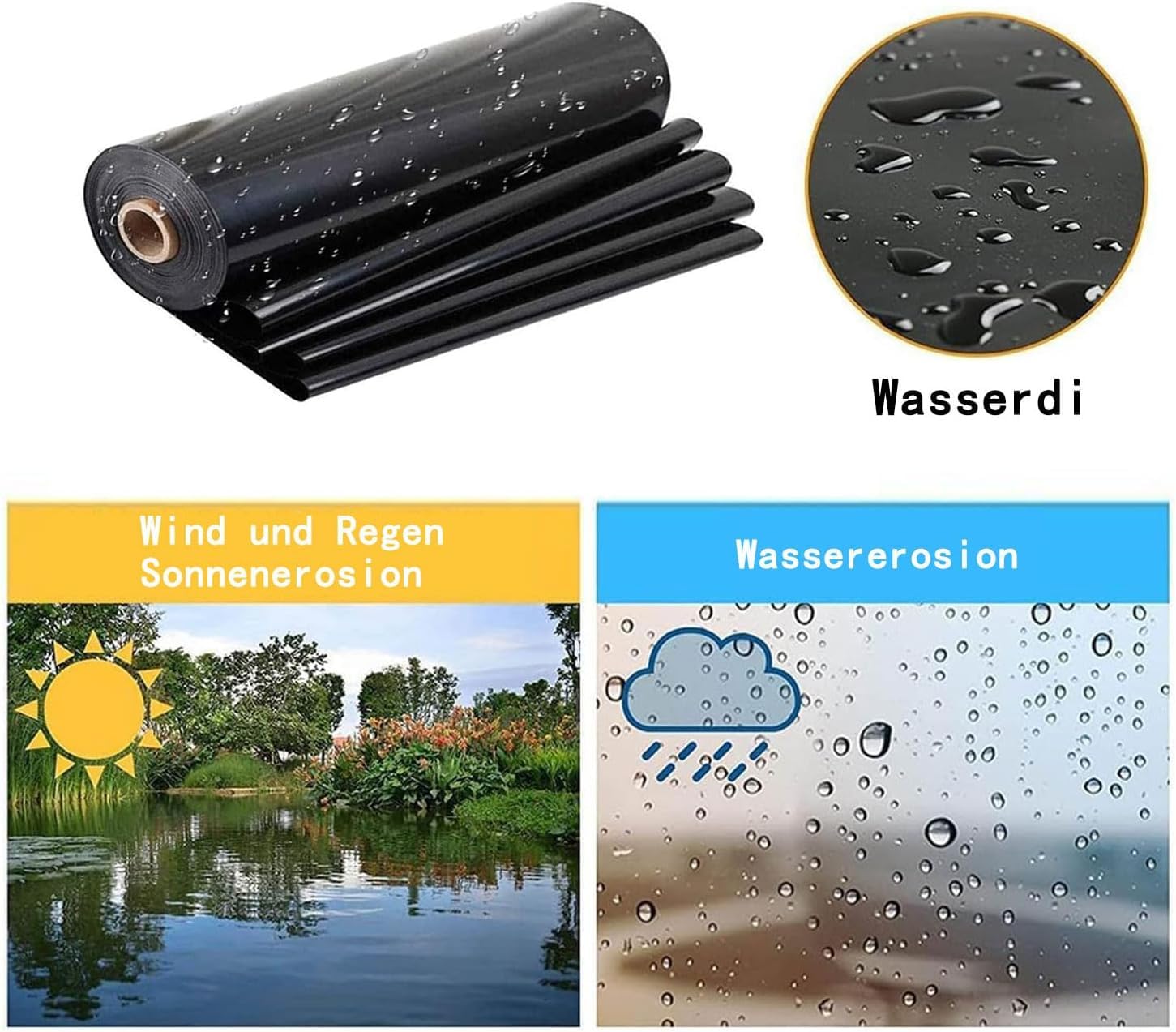 teichfolie 0.5mm, 2x2m,6x8m,4x4m,3x3m,10x10m,Schwimmteich Folie Gartenteich Teichplane schwarz, für Fischteiche, Brunnen, Wassergarten und Wasserfall (A,15m*20m)