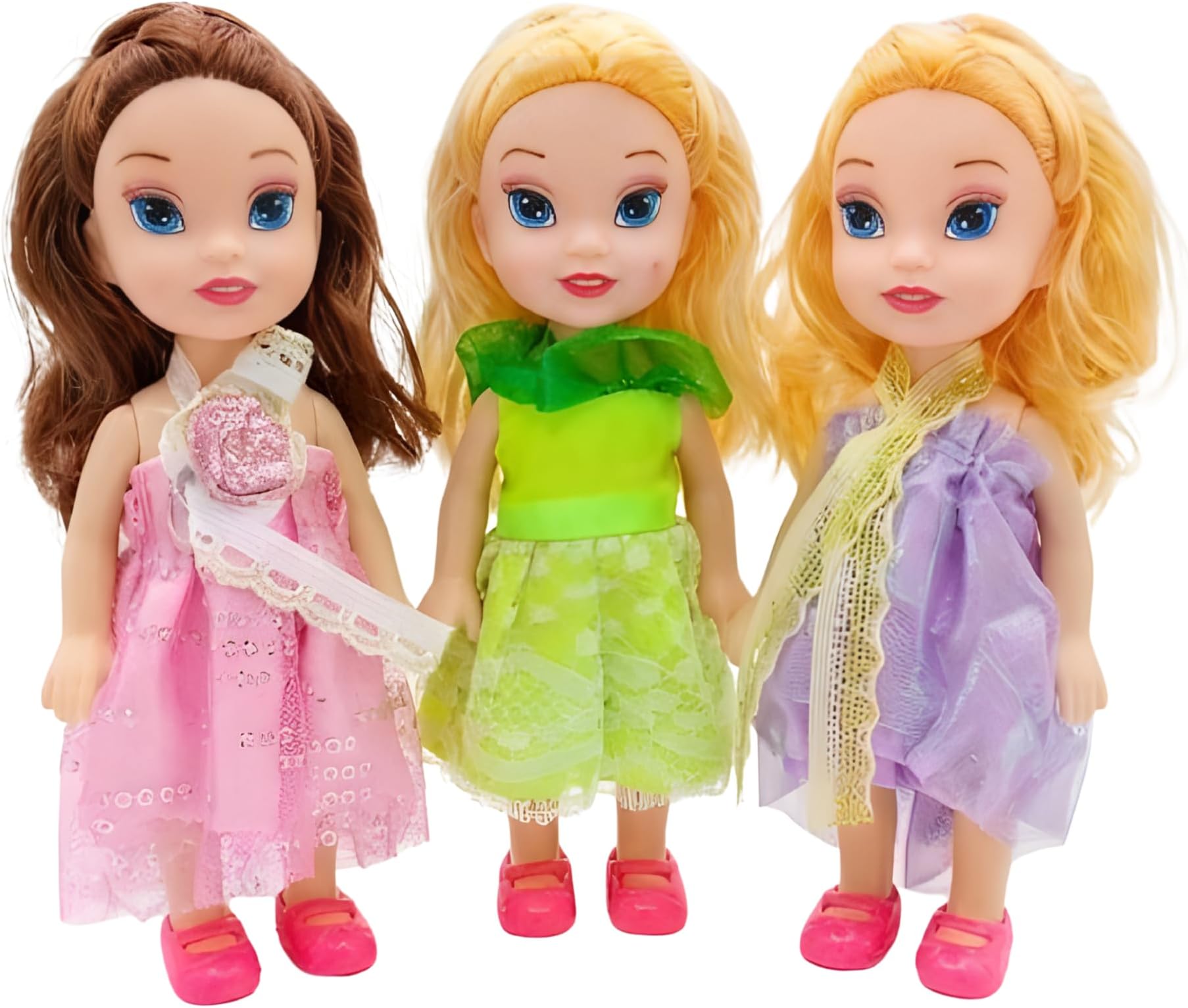 Vibgyor Vibesโข Small Baby Triplet Girl Sisters Long Hair Doll for Kids, Toddlers, Boys, Girls. Random Clothing Colours Will be Sent. Pack of 3 (6.5 Inches)