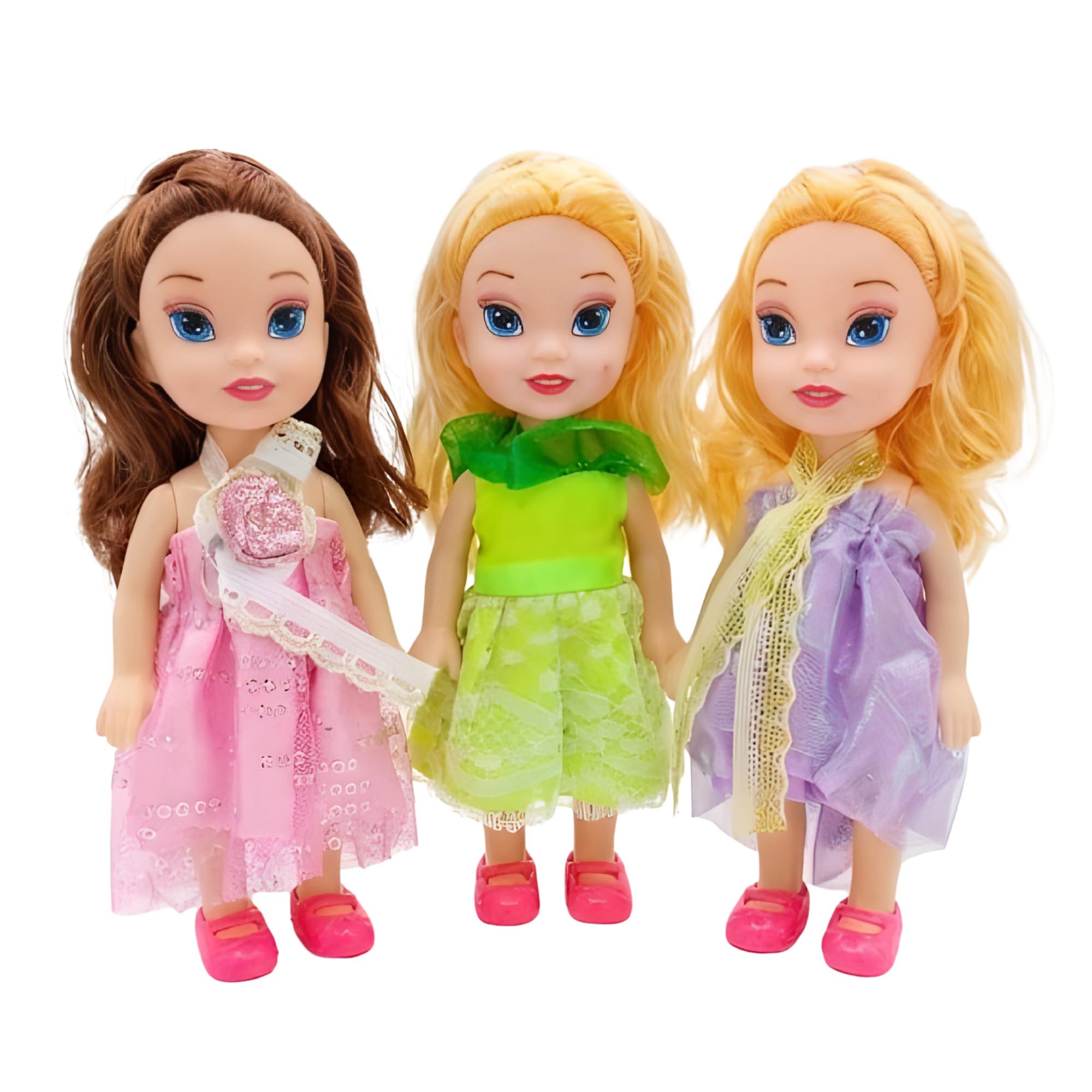 Vibgyor Vibes™ Small Baby Triplet Girl Sisters Long Hair Doll for Kids, Toddlers, Boys, Girls. Random Clothing Colours Will be Sent. Pack of 3 (6.5 Inches)