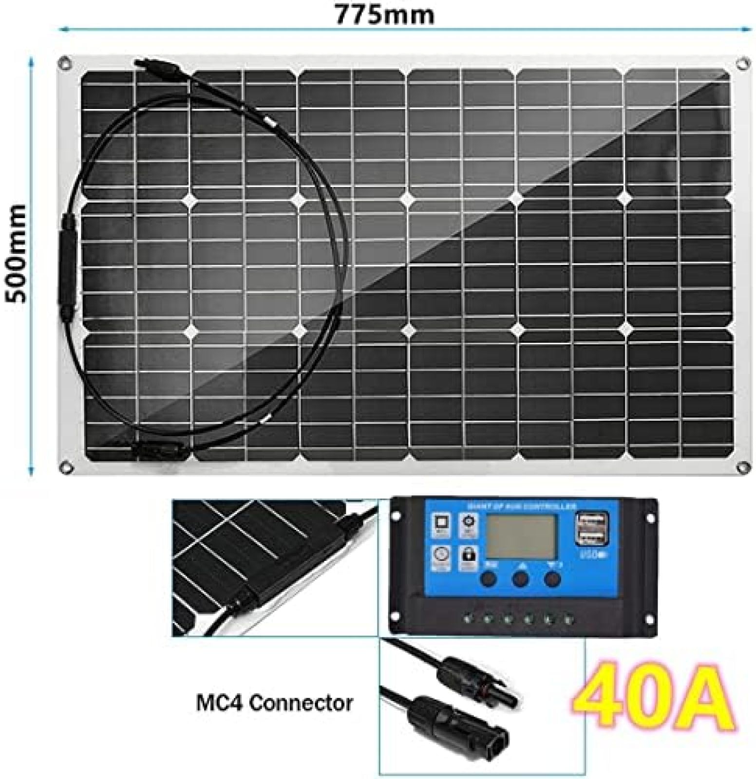 Panneau Solaire monocristallin 200 W 400 W 600 W 800 W 18 V, kit RV, kit Hors réseau, kit de système d'énergie Solaire avec contrôleur MPPT 40 A, étanche IP67, pour Camping en Plein air, 1 x