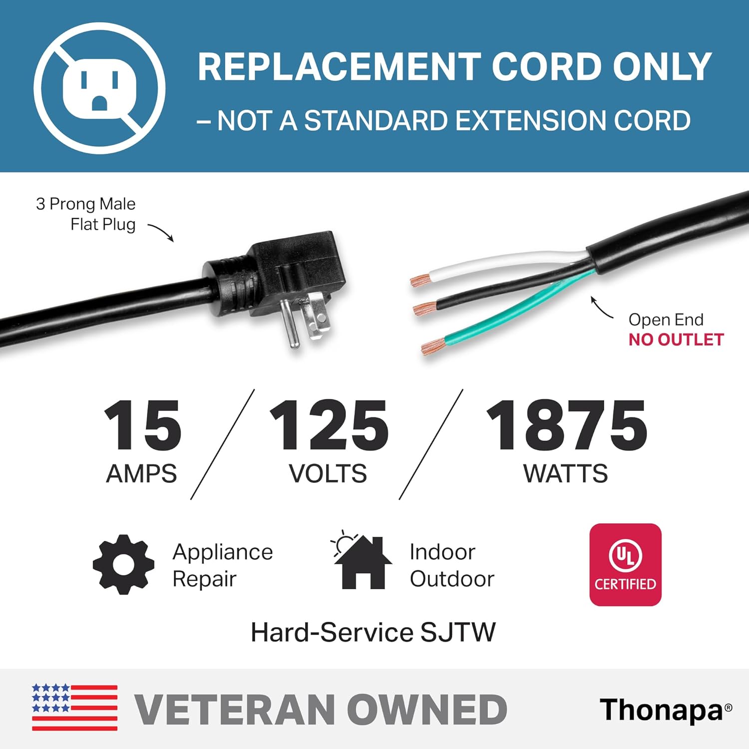 12 Gauge Flat Plug Replacement Power Cord 6 ft - 15 Amp Appliance Extension Cord for Universal AC Appliance, SJTW 12/3 Power Cord Replacement Black - UL Certified