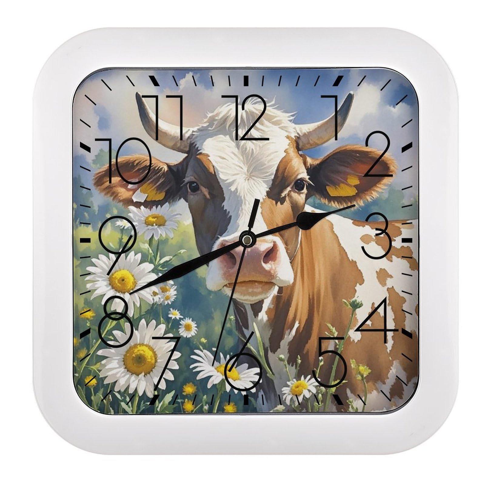 LZQPOEAS Watercolor Cow and Daisy Flower Wall Clock Fashionable Versatile Silent Wall Clock Simple Elegant Non Ticking Analog Clocks Easy to Install Square Modern Clocks for Home Decoration