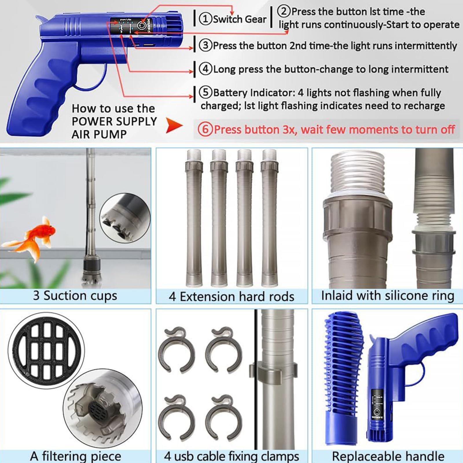 6 En 1 Limpiador Eléctrico para Acuarios, Limpiador Grava Acuario, para Sifón Acuarios, Lavado De Arena Y Absorción De Heces, Limpieza De Suciedad, Aspirador Acuario Kit De Limpieza
