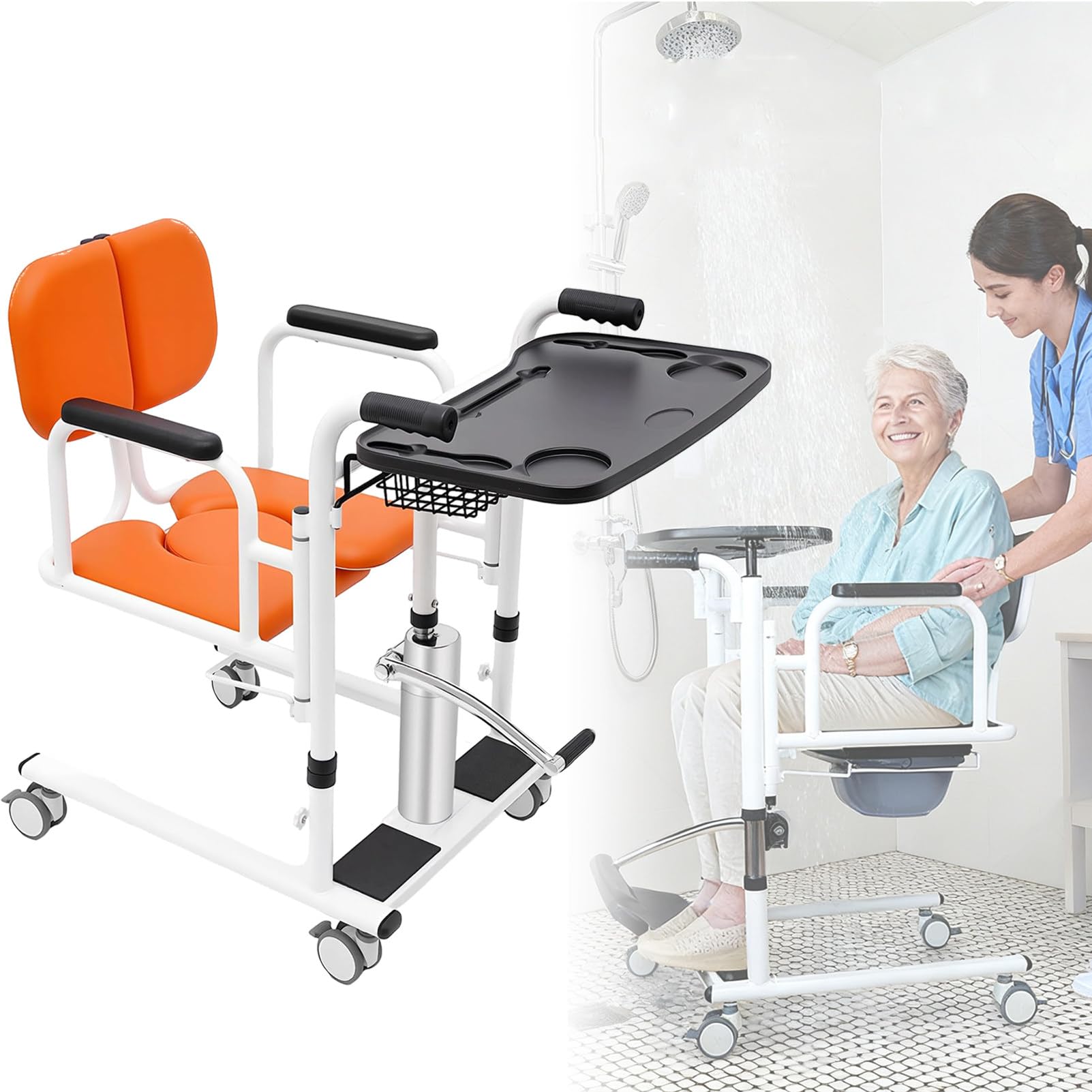 Silla Elevadora De Transferencia Para Pacientes Ancianos Y Discapacitados, 440 lb Silla De Ruedas Auxiliar Con Inodoro, Asiento Abatible 180° Para Traslado Desde La Cama A La Ducha/Inodoro/Sofá Orange
