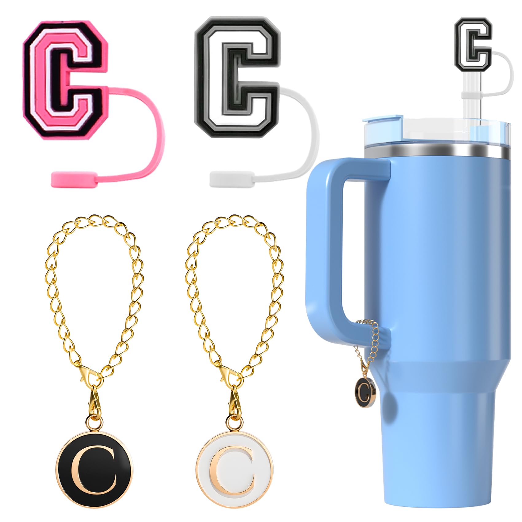 10 mm Straw Cover Cap for Stanley Cup 30 Oz 40 Oz Initial Straw Topper with 2 Pcs Letter Charm Name ID Accessories for Stanley Tumbler