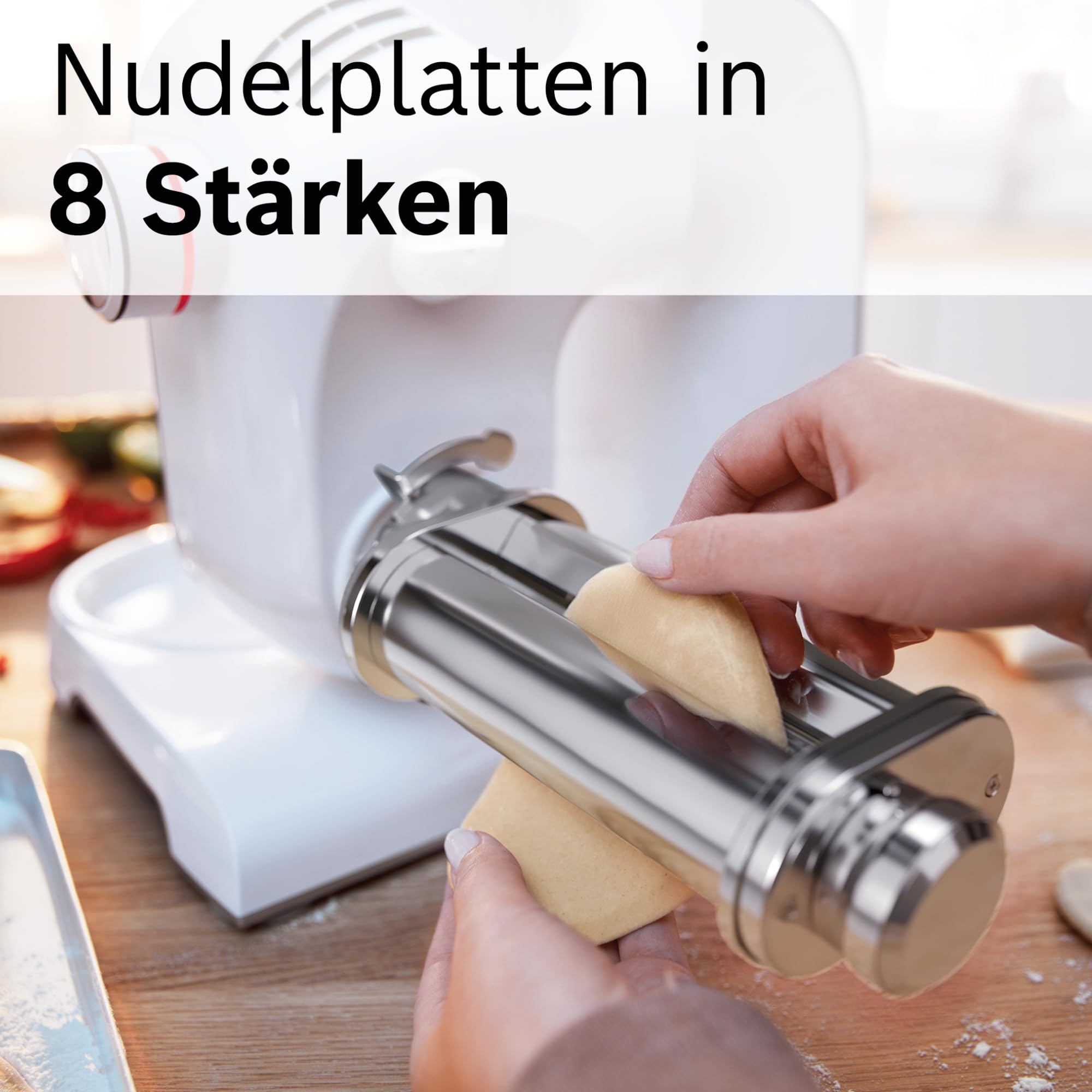 Bosch Pastawalze Lasagne MUZ5NV1, Zubehör passend für Küchenmaschine Serie 4, Serie 2, für Lasagne, Nudelplatten, Pasta-Aufsatz, 8 Stärken, Edelstahl, Nudelmaschine