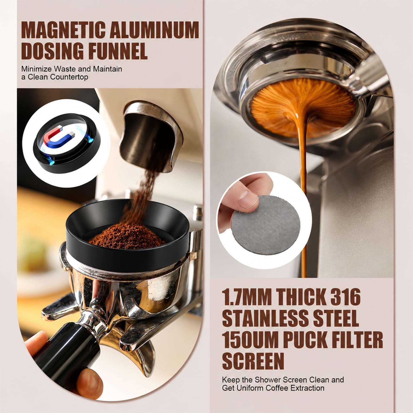 Set 7 Accesorios para Espresso, 58mm con Base de Madera, De Tamping, Herramienta WDT, Anillo Dosificador Magnético, Filtro y Cepillo