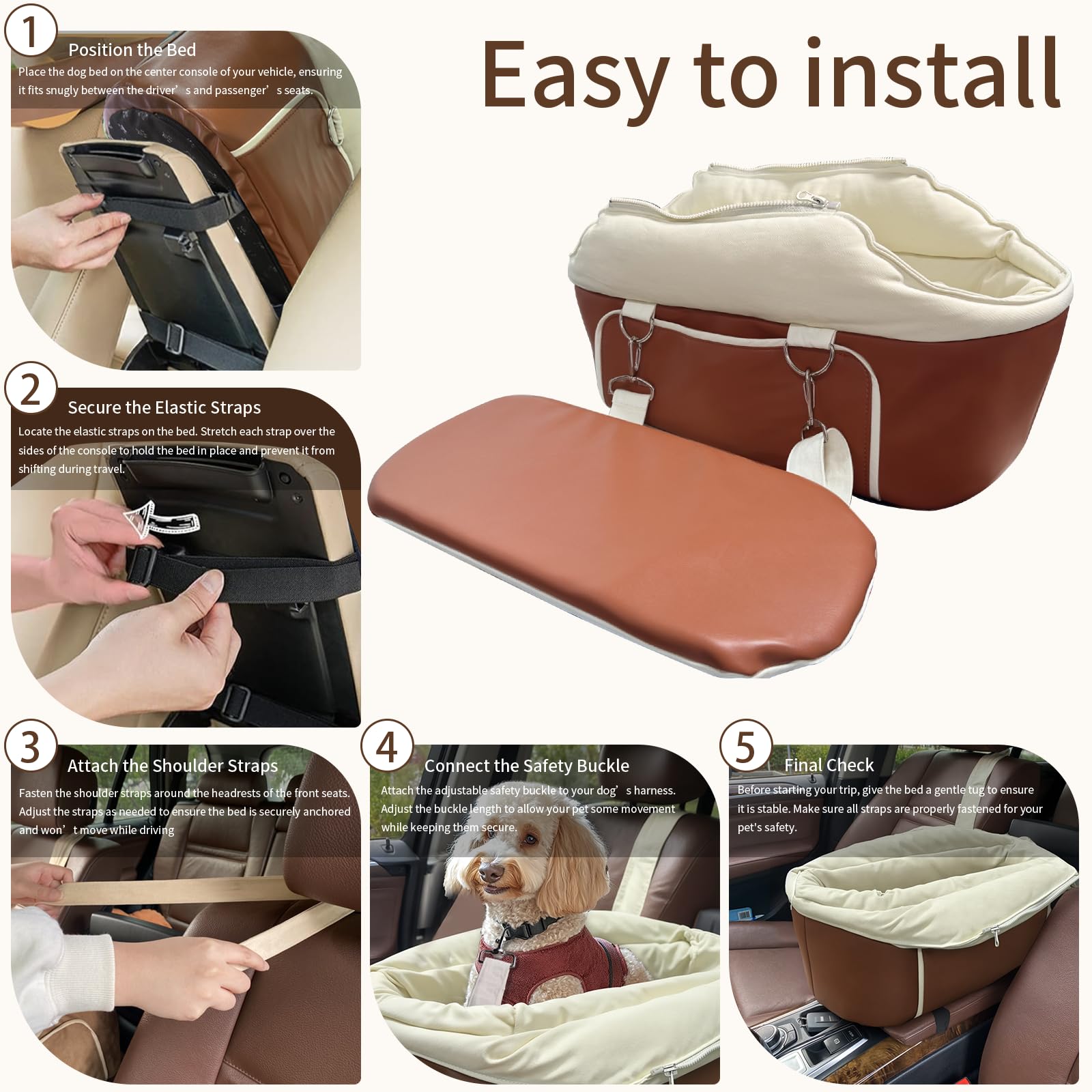 Asiento de coche para perros pequeños, asiento elevador portátil con cinturón de seguridad, base antideslizante y bolsillos de almacenamiento, se adapta a perros de hasta 11 libras (cuero