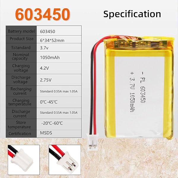 3.7V 1200mAh Battery 603450 Lithium Polymer Ion Rechargeable Li-ion Li-Po Battery with 2P PH 2.0mm Pitch Connector - 2