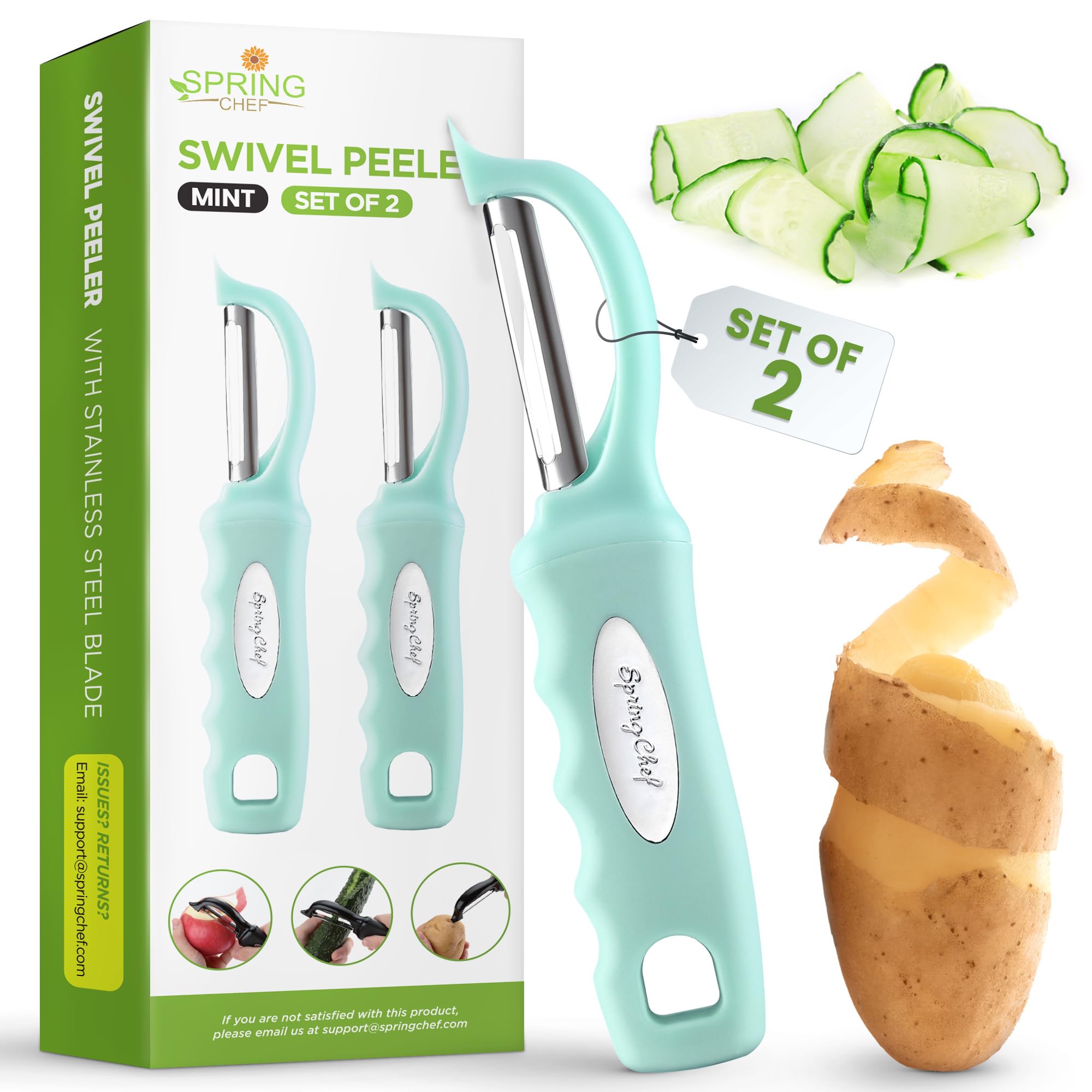 Spring Chef Premium Stainless Steel Vegetable Peeler, Dishwasher Safe Potato Peelers for Kitchen with Soft Grip Handle, Perfect for Apple, Fruit, Veggie, Carrot, Cucumber, Ginger - Set of 2 - Mint