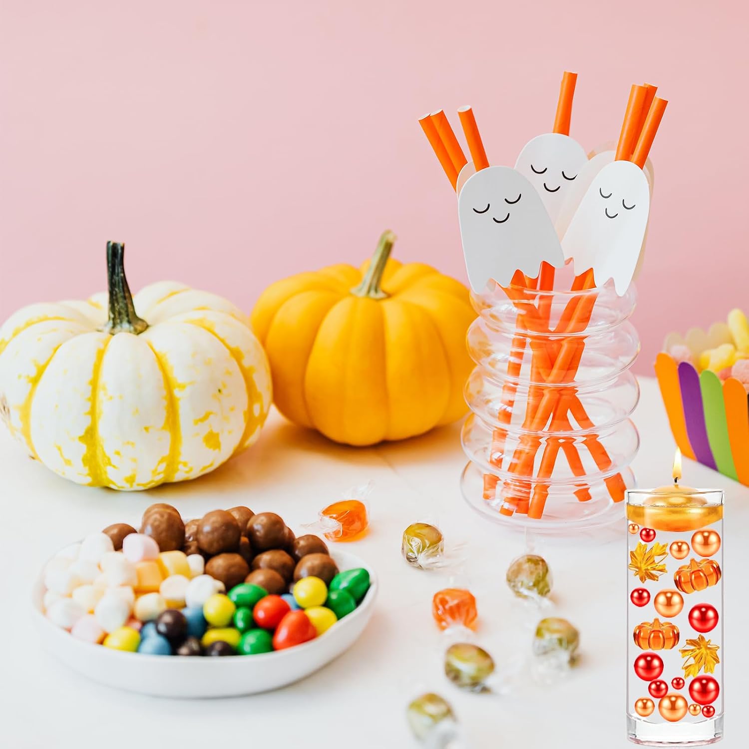 111pcs Thanksgiving Vases Filler Set Faux Pumpkin Maple Leaf Beads for Vases Filler Fall Centerpiece for Thanksgiving Halloween Fall