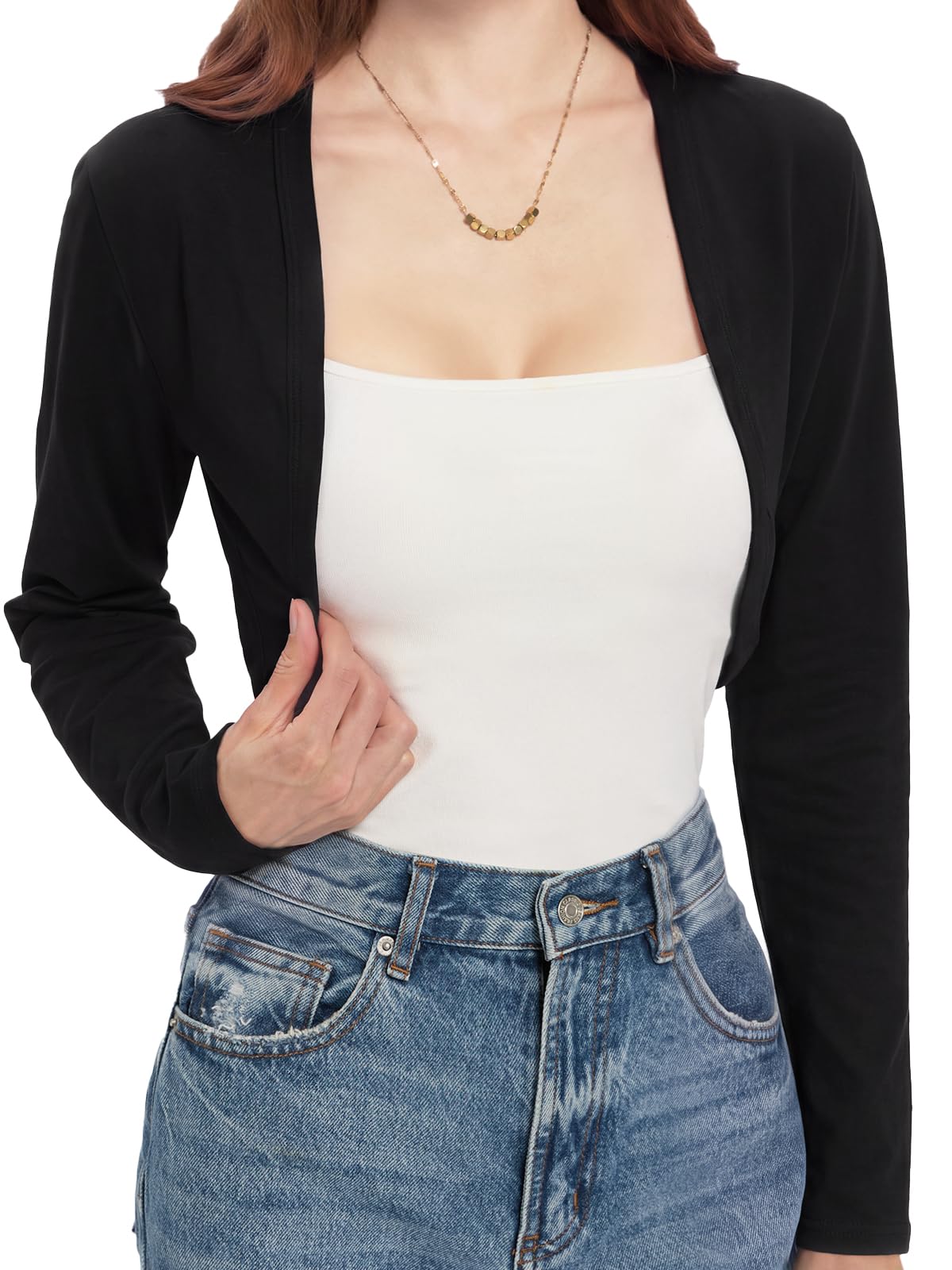 Bolero Damen Festlich Langarm Elegant Elastisch Strickjacke Kurz Baumwolle | Jäckchen für Abendkleid Kurzjacke Atmungsaktive Weich Leicht für Frühling Herbst Hochzeit Büro Alltag Freizeit Feste S-XXL