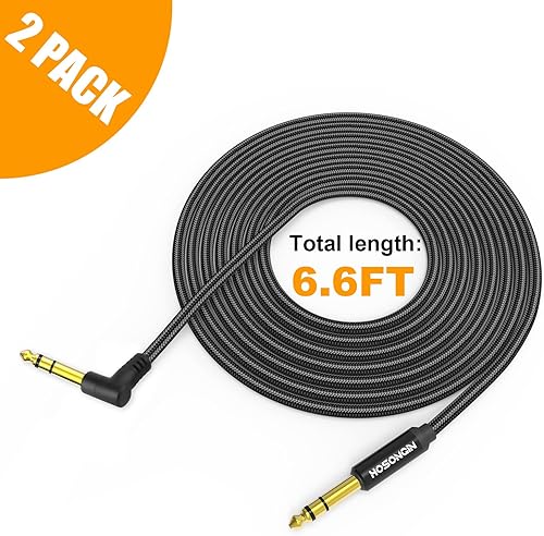 Miniatura 7 de HOSONGIN Cable TRS para instrumentos de 14 de pulgada de 6.6 pies, paquete de 2, cable de audio estéreo macho de 6.35mm de recto a ángulo recto,