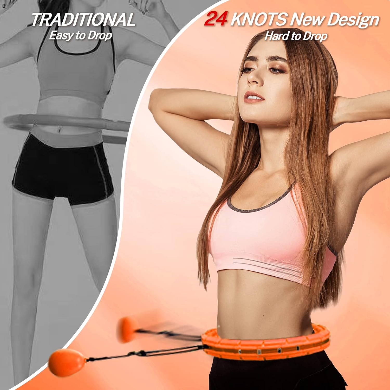28 Detachable Knots Plus Size Weighted Smart Fit Hoops for Weight Loss, Adjustable Abdomen Massage Fitness Workout Equipment for Adults, Orange