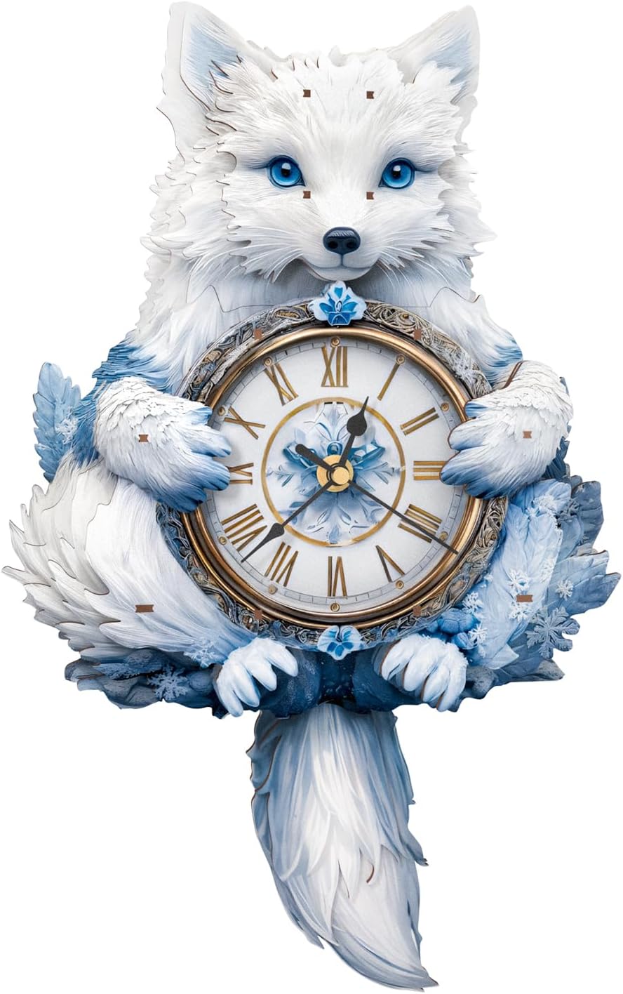 WOODBESTS 3D Puzzle for Adults-Wooden Arctic Fox Clock for Room Decoration, DIY Build Mechanical Wall Clock with Roman Numerals, Personalized Gift for DIY Lovers