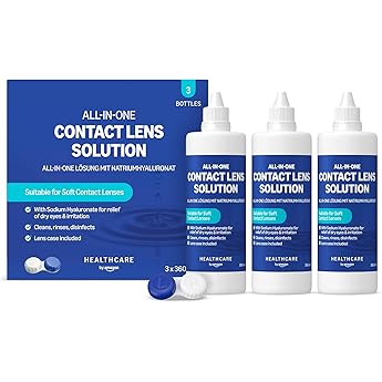 Healthcare by Amazon All-in-One Contact Lens Solution with Sodium Hyaluronate Solution 360ml - Pack of 3 Previously Amazon Basic Care - Packaging May Vary