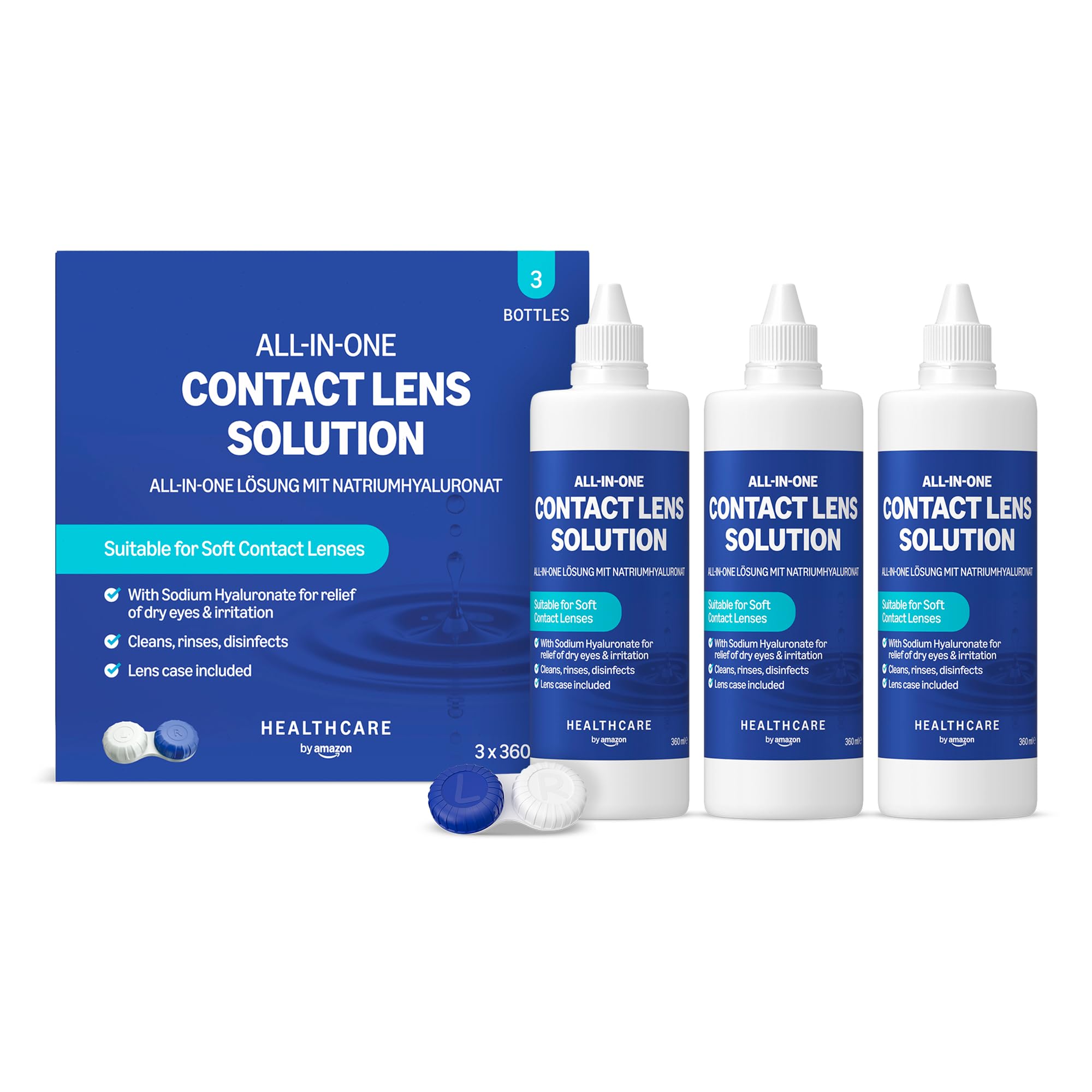 Healthcare by Amazon Solución única con hialuronato sódico para lentes de contacto blandas, 3 x 360ml, (anteriormente Amazon Basic Care, el embalaje puede variar)