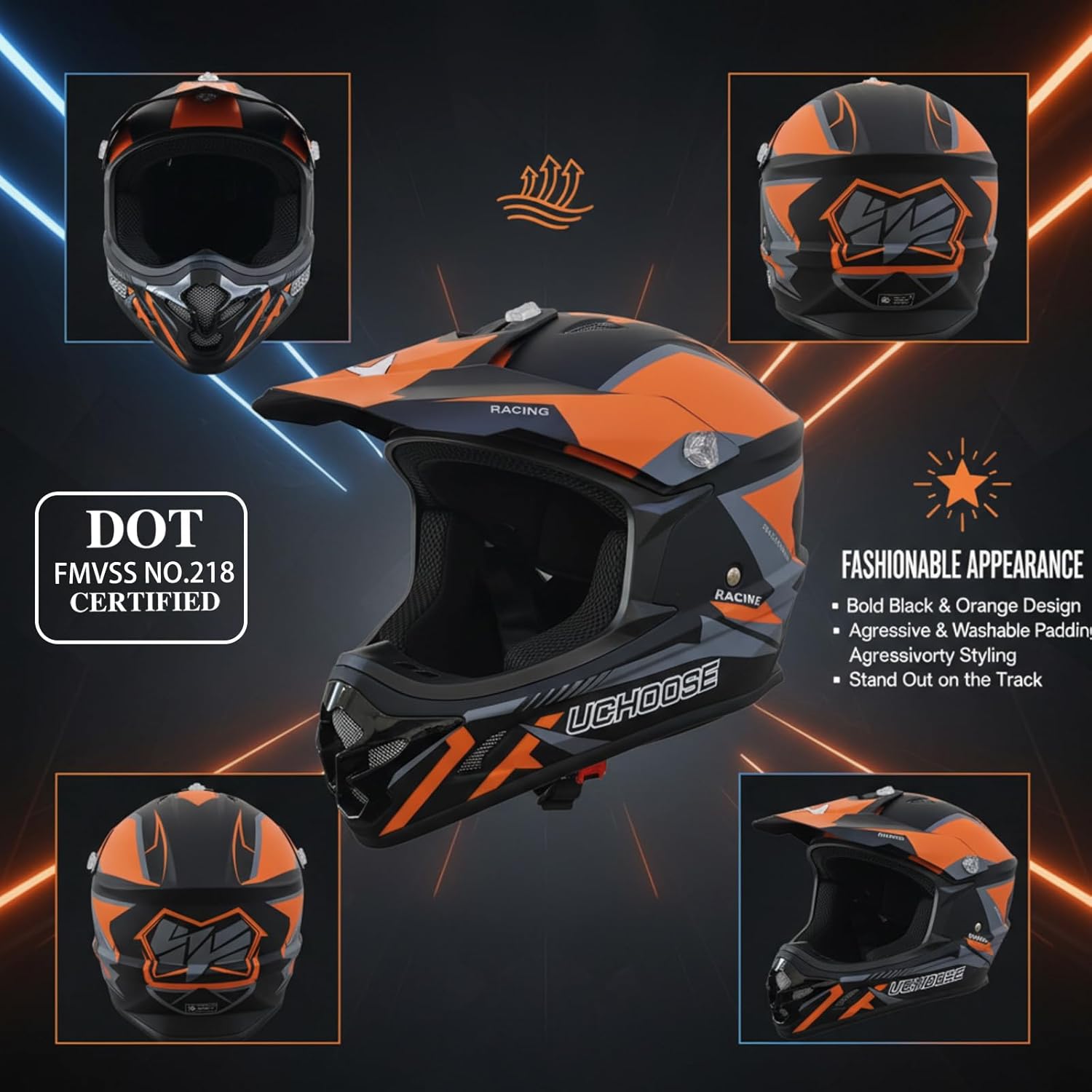 Uchoose Adult Dirt Bike Helmet DOT Approved Motocross Helmets for Men Women ATV Dirtbike BMX MX Off-Road Motorcycle Helmet with Goggles