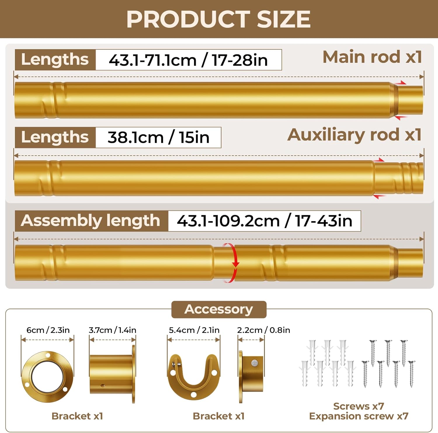 Diagram showing the components and dimensions of the Mavivegue Closet Rod