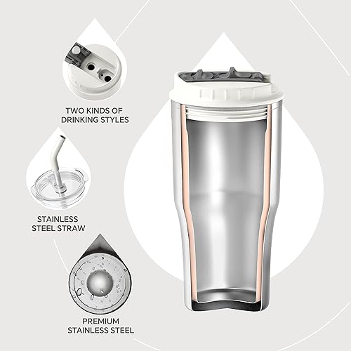 Miniatura 3 de Ideus Vaso aislado con tapa y pajita, de acero inoxidable, de doble pared al vacío, a prueba de fugas, taza de café de viaje, apta para portavasos,