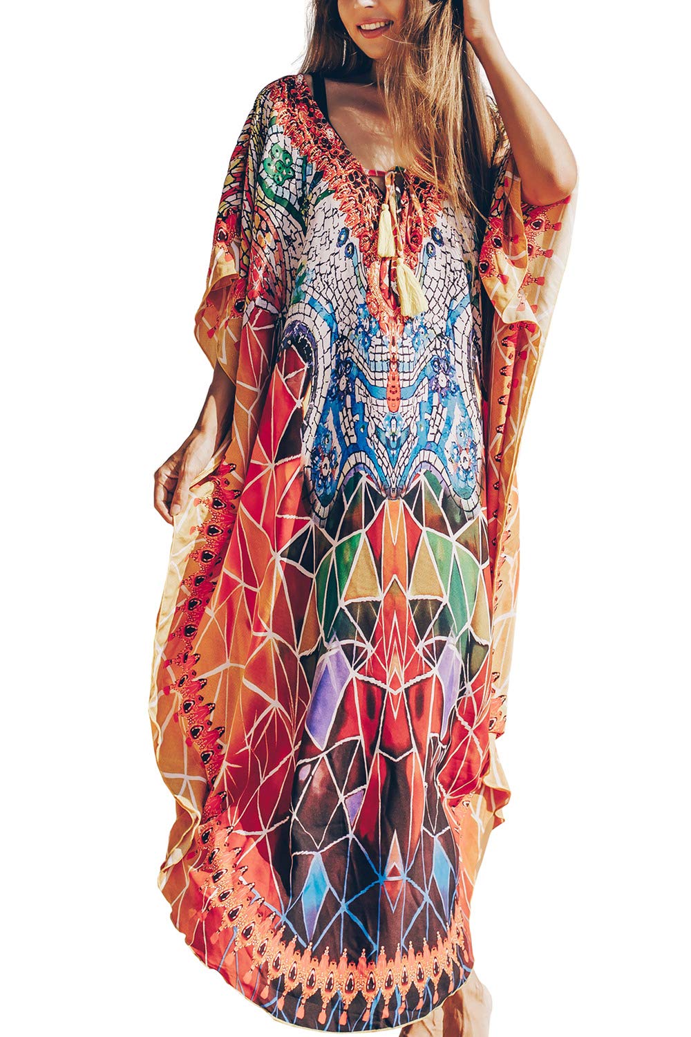 YouKD Women's Summer Bohemian Long Kaftan Ethnic Pattern Maxi Dress Beach Bikini Cover Ups Sunblock Orange