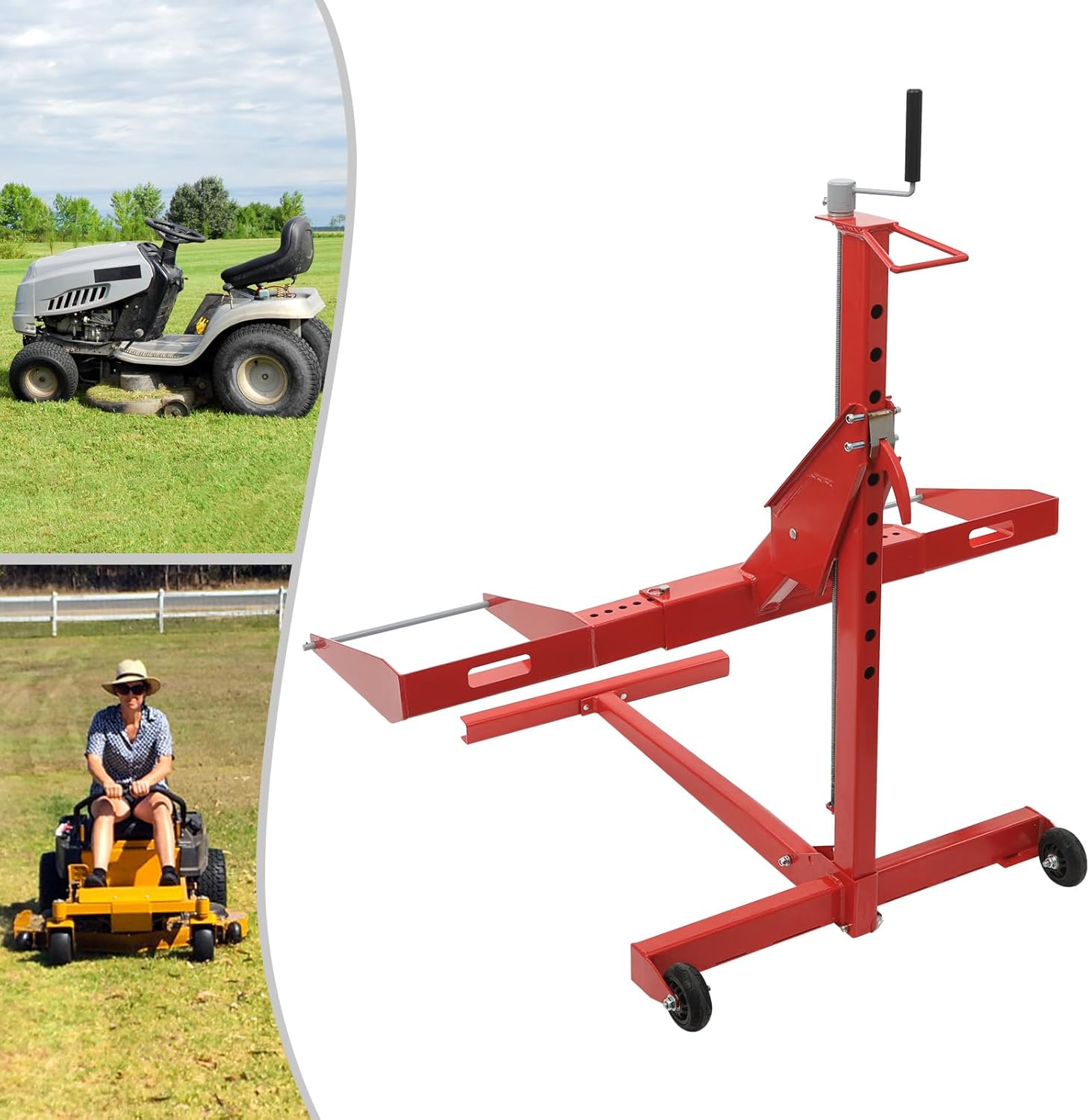 Riding Lawn Mower Lift, Lawn Mower Lift Jack 750 lbs Lifting Capacity Lawn Mower Lift Tool Lawn Mower Lift Adjustable Wheel Span for Mower Maintenance and Repair, Red