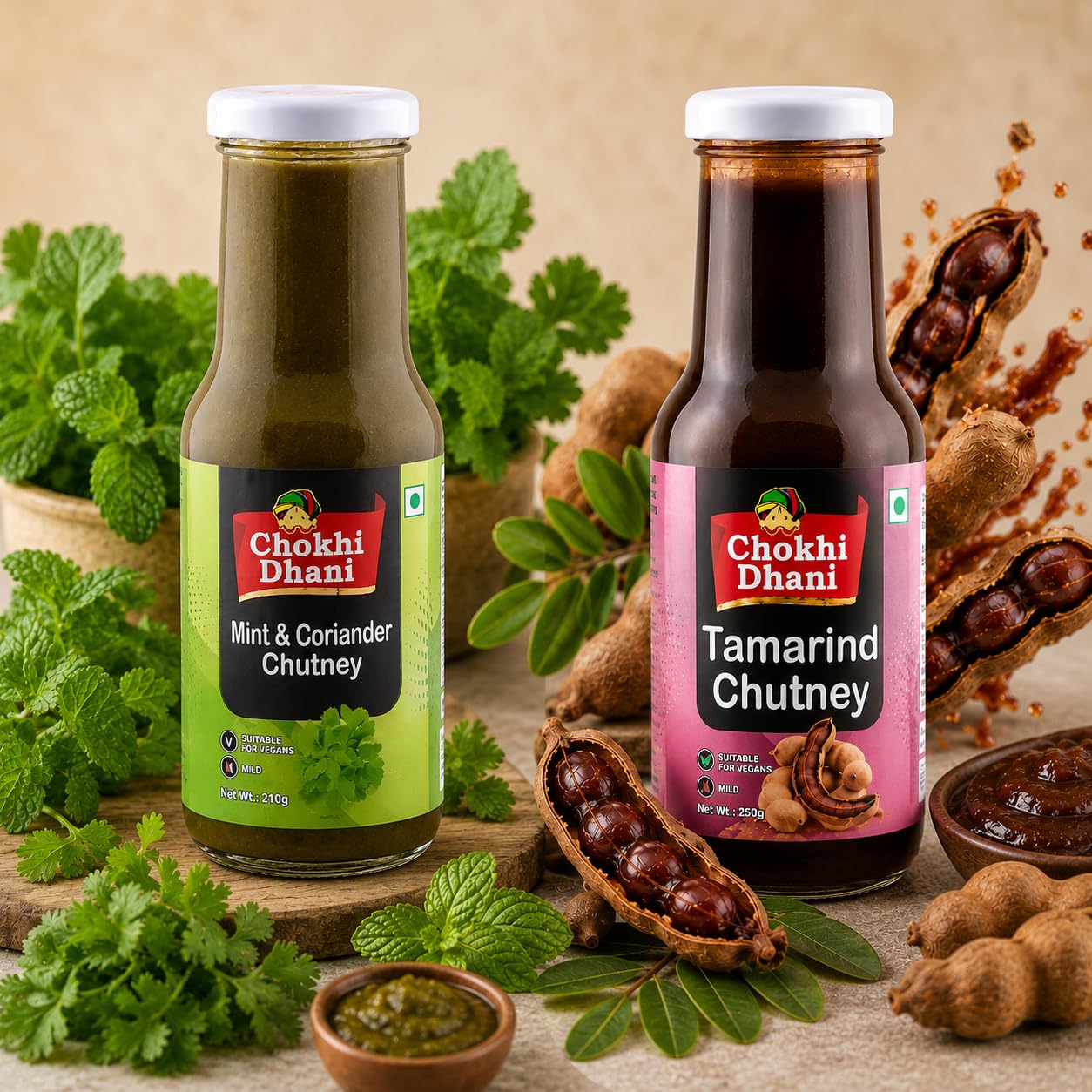 Chokhi Dhani Mint & Coriander Chutney 210g + Tamarind Chutney 250g Combo | Authentic Indian Green & Imli Chutney | Ready to Serve Dip for Chaat, Samosa, Pakora & Snacks | No Artificial Flavours 4