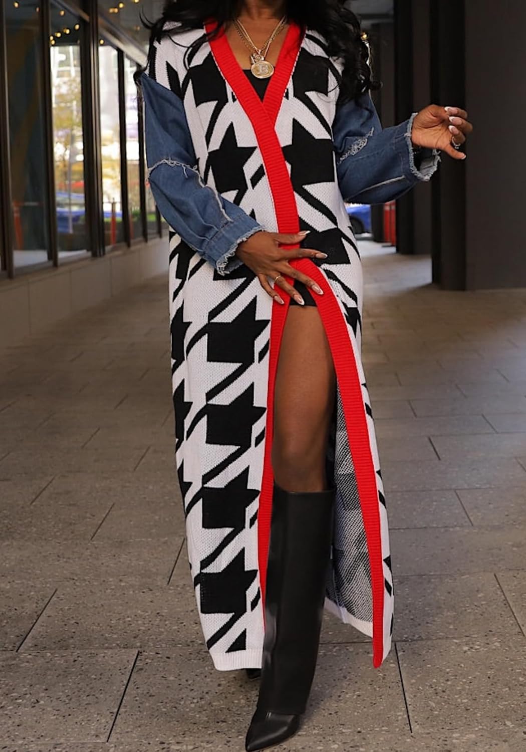 Vaceky Denim Sleeve Cardigan Sweaters Women Color Block Open Front Lightweight Long Cardigans - Image 7