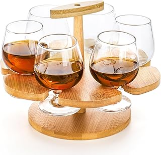 ZOOFOX 7 Pack Whiskey Flight Tasting Set, Bamboo Beer Flight Serving Tray with Handle and 6 Small Brandy Snifters, Gifts for Men and Home Bar