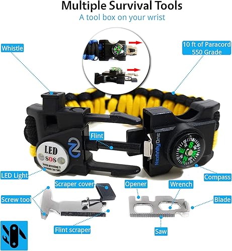 Miniatura 12 de Brazalete de supervivencia – Kit de equipo de emergencia táctico con luz LED SOS, cuchillo, 550 grados, ajustable, multiherramientas, iniciador