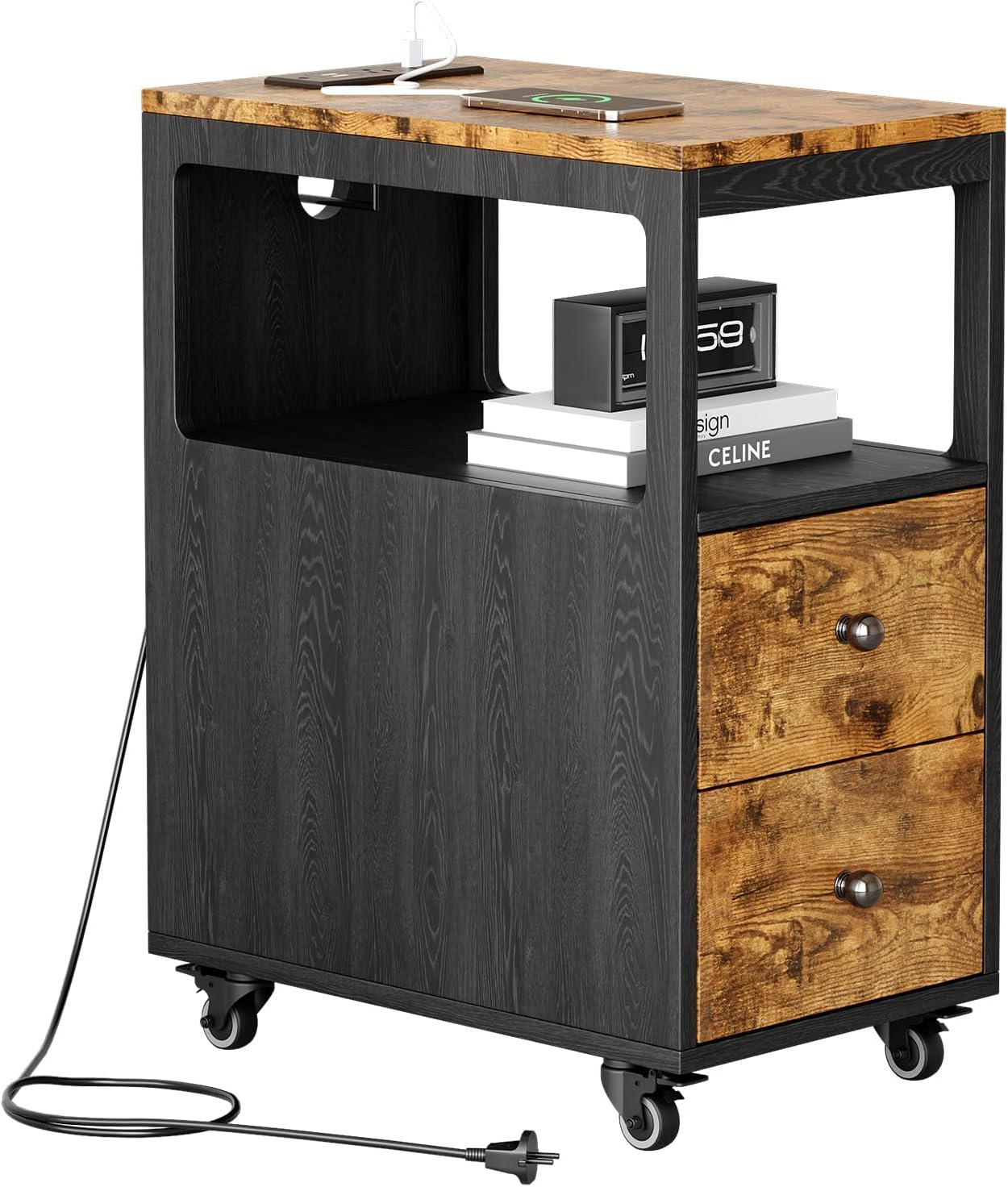Narrow End Table with Charging Station and Wheels, Movable Narrow End Table with USB Ports and Outlets for Small Space, Living Room, Bedroom and Office, with 4 Wheels ( Rustic Brown + Black)