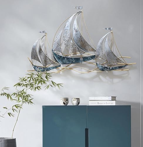 Miniatura 2 de AUQMTAIN Decoración de pared de barco náutico de 34 pulgadas, esculturas de pared de barco náutico 3D, velero costero hecho a mano para el hogar,