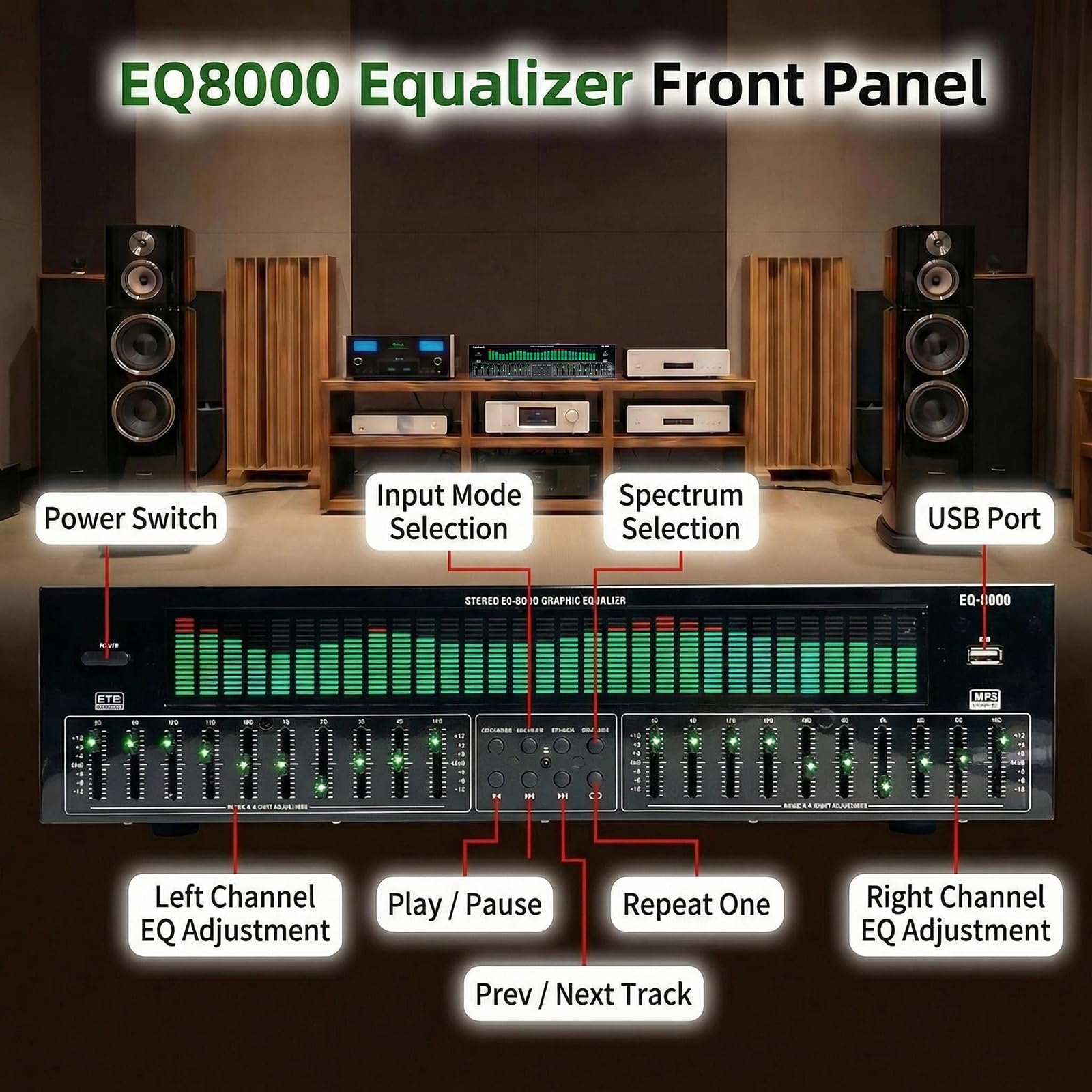 31-pasmowy ekwalizer cyfrowy, stereofoniczny graficzny EQ, analizator spektrum muzyki, dekodowanie cyfrowego audio Bluetooth 5.4 optycznego koaksjalnego, redukcja szumów, do studia nagraniowego