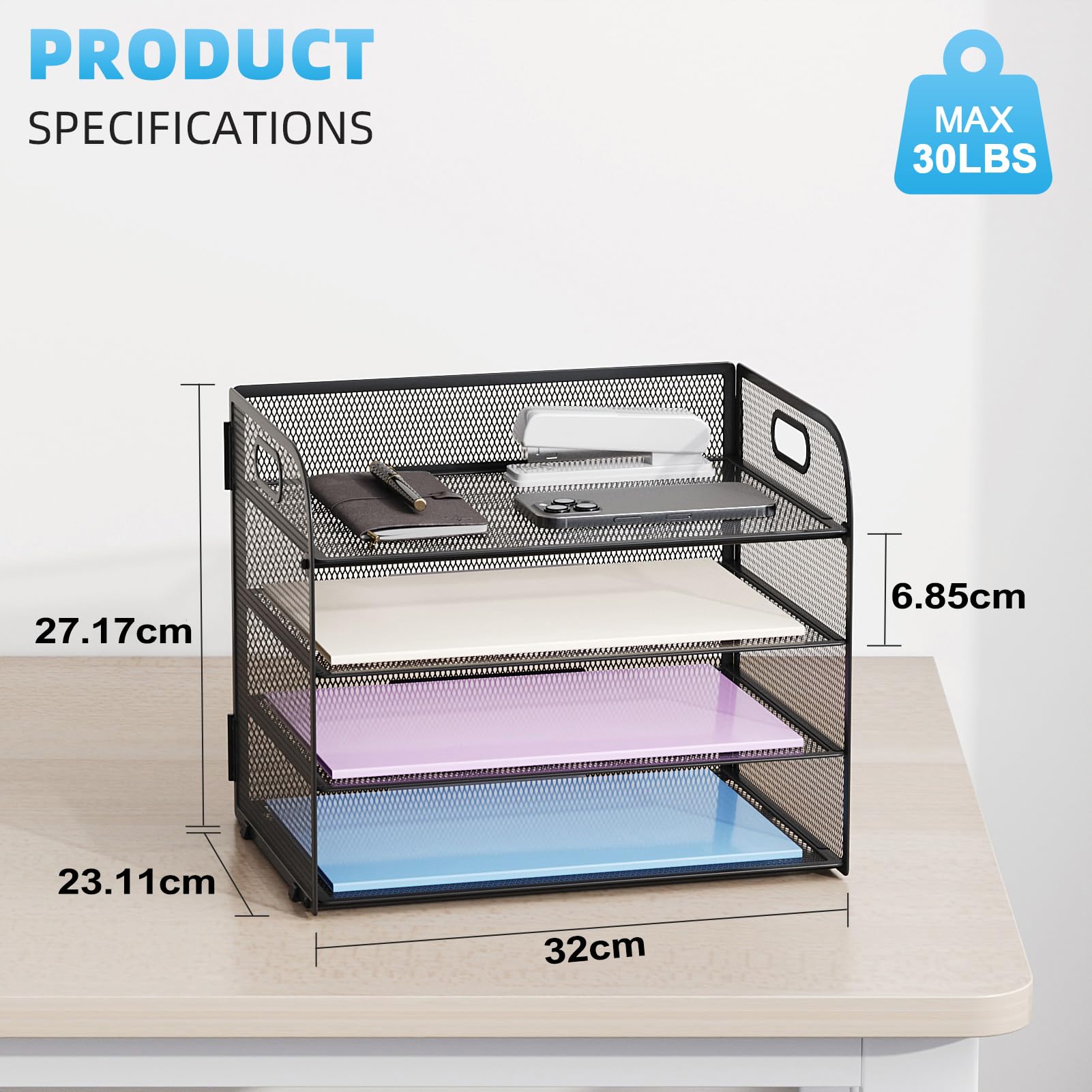 Marbrasse Vassoi da Scrivania,Porta Documenti Organizer Ufficio 4 Livelli con Maniglia, Vassoio in Rete per Portaoggetti Scrivania, Ufficio, Casa, Archivio A4, Archiviazione Accessori(Nero)