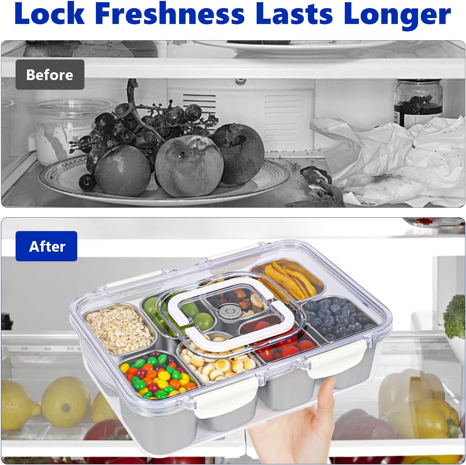 Snackle Box Container, Stainless Steel Divided Serving Tray With Lid and Handle, Dishwasher Safe Snack Platter for Veggie Fruit Nut, Clear Storage Snackle Charcuterie Boxes for Party Travel Picnic - Image 3