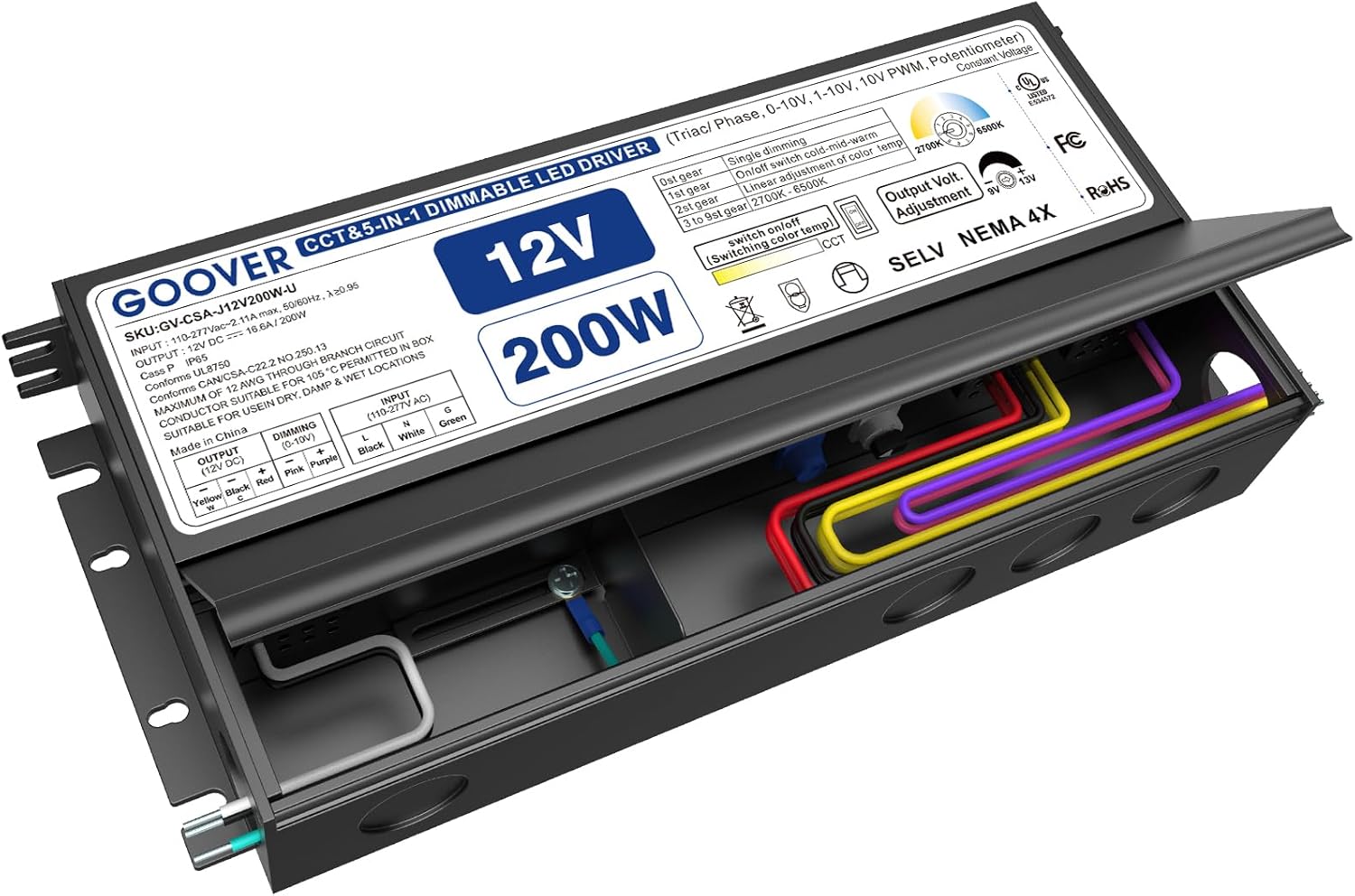 GOOVER Dimmable LED Driver,12V 200W UL Listed Power Supply,CCT & 5-in-1 Dimming: ELV/MLV/TRIAC /0-10V/1-10V/10V PWM/Potentiometer,Compatible with Lutron and Leviton Dimmer for LED Lights
