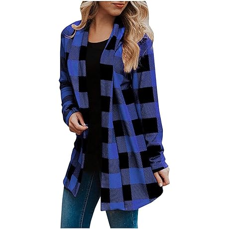 Women's Casual Trendy Comfy Long Sleeve Flannel Cardigan Buffalo Plaid Jacket with Pockets