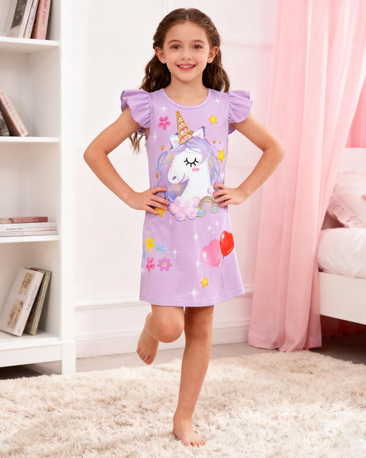 LQSZ 2Pcs Girls Nightgowns 3-10 Years Flutter Short Sleeves Dress Nightdress Sleepwear Pajamas Nightgowns for Girls - Image 6