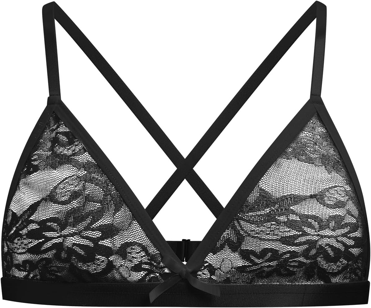 ABAFIP Men's Sissy Lingerie Bra Floral Lace Bra Top Cross Back See Through Bralette Crossdressing Underwear