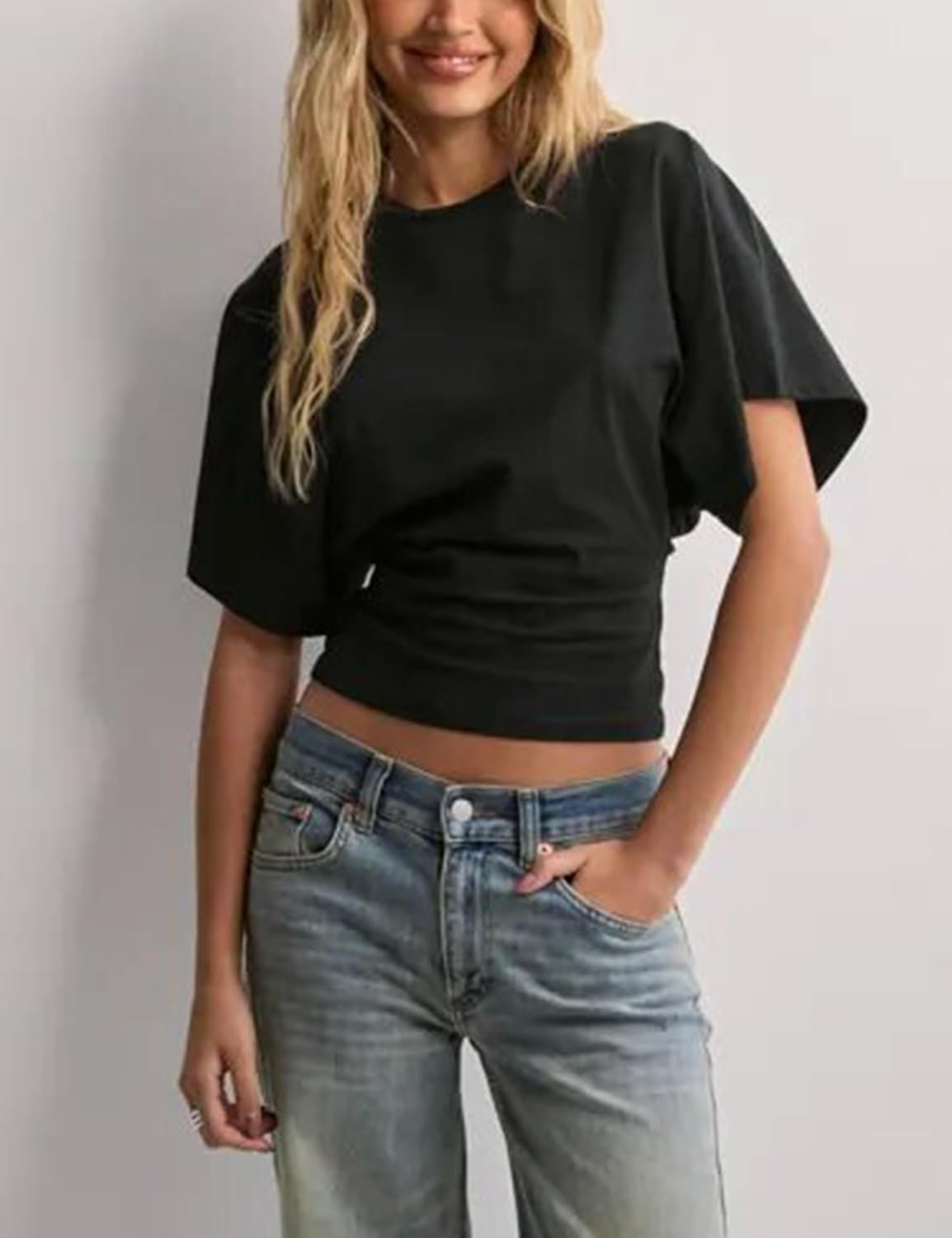 Lumister Shirts for Womens Crewneck Tighten Waist T-Shirt Casual Short Sleeve Workout Tops Solid Color Basic Tees - Image 2