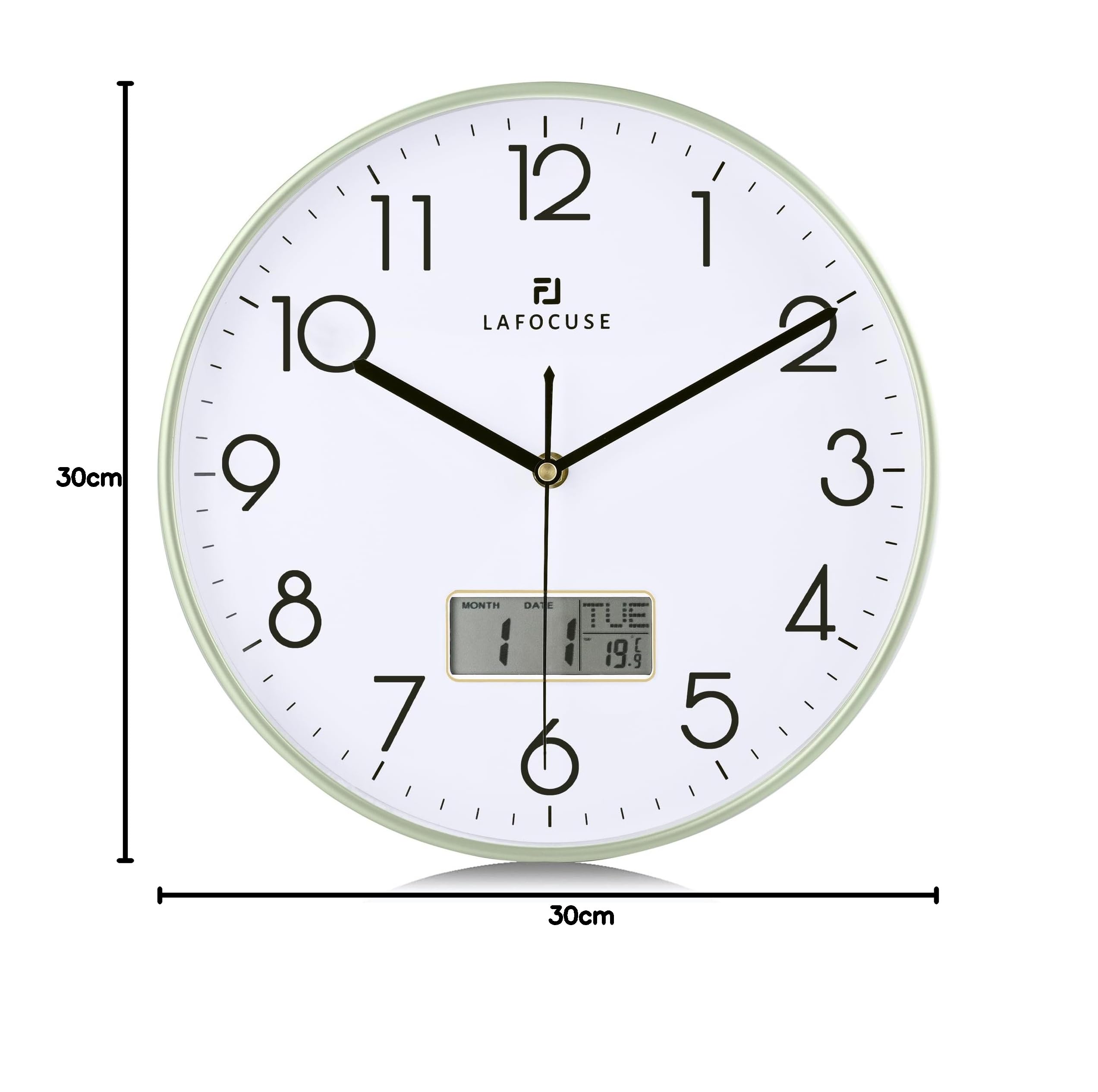 Lafocuse 30cm Orologio da Parete con Digitale LCD Datario e Termometro, Silenzioso Orologio Moderno Verde, senza Ticchettio per Cucina Camera da Letto Soggiorno Ufficio