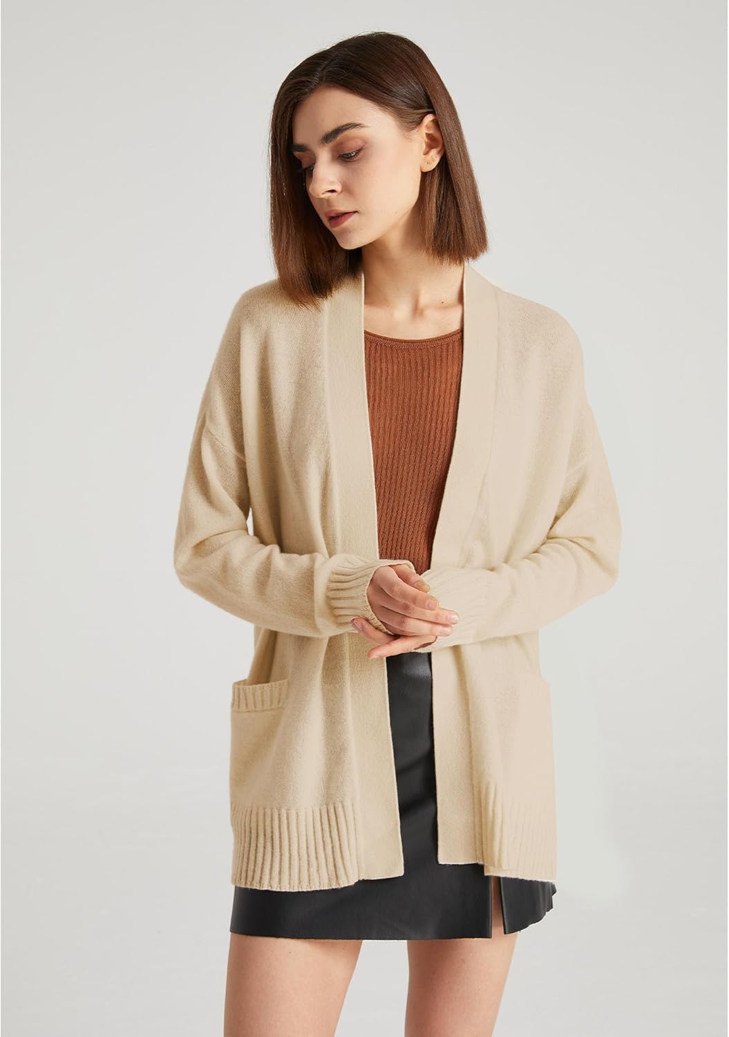 GreenMount Women's 100% Pure Cashmere Cardigan Sweater Soft and Warm Long Sleeve Oversize Loose Cardigan with Pocket