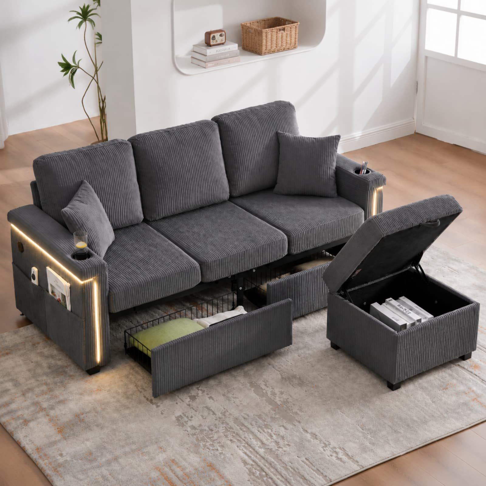 KOMHTOM Canapé 3 Places en L avec 2 Ttiroirs, Tabouret de Rangement, Lampe LED, Port USB/Type-C et Cadre en Bois - Canapé Velours Côtelé Multifonctionnel (Gris foncé, B)